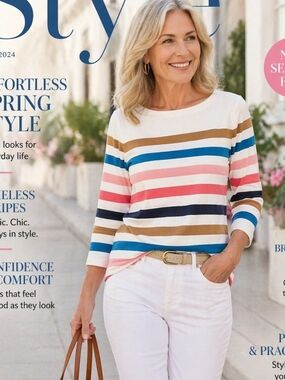 CROFT & BARROW  3/4 Sleeve Boatneck Tee with Multicolor Stripes Sz XL